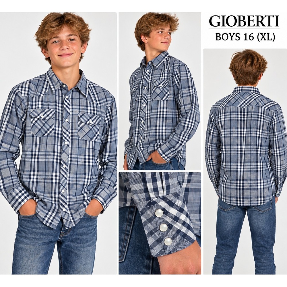 Gioberti Boys 16 XL Western Shirt Blue Plaid Pearl Snap Cowboy Rodeo Long Sleeve
